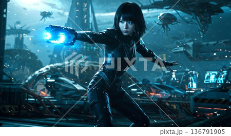 未来の戦場で戦う女性戦士 136791905