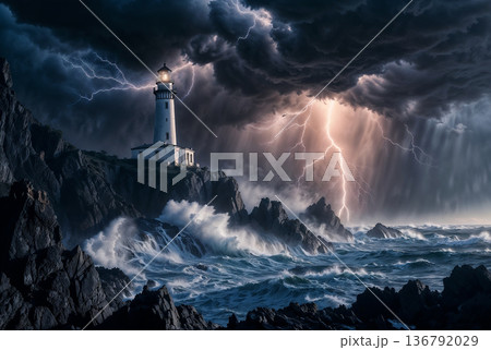Dramatic stormy seascape with a lighthouse on a rocky cliff illuminated by lightning and crashing waves. 136792029