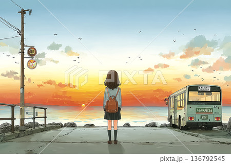 夕暮れの海辺バス停に立つ女子高校生｜ノスタルジックな青春イメージ 136792545