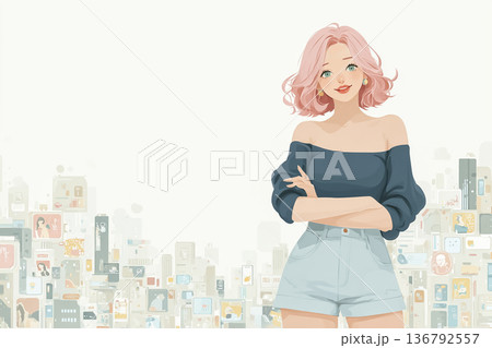 ネオンUIに囲まれ微笑むピンク髪の女性｜絵美シリーズ・サイバー都市イメージ 136792557