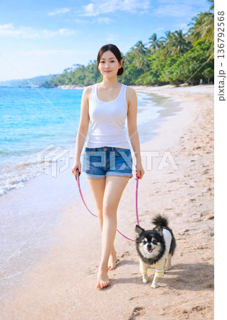 ビーチで愛犬と散歩する女性　チワワ 136792568