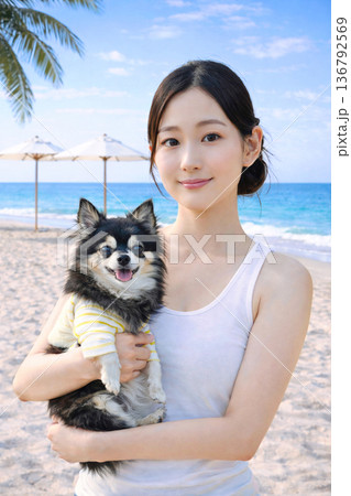 ビーチで愛犬と散歩する女性　チワワ 136792569