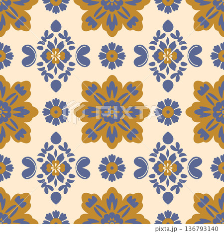 Elegant seamless pattern featuring blue and gold floral motifs, for ethnic textile and ceramic art Elegant seamless pattern featuring blue and gold floral motifs, for ethnic textile and ceramic art 136793140