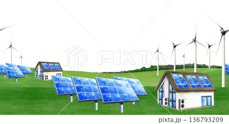 Eco friendly seamless border with house, solar panel, wind turbine on green fields. Watercolor banner with copy space isolated ecology landscape. PV battery, windmill. Alternative electricity concept Eco friendly seamless border with house, solar panel, wind turbine on green fields. Watercolor banner with copy space isolated ecology landscape. PV battery, windmill. Alternative electricity concept 136793209