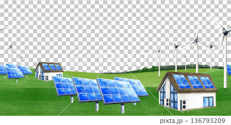 Eco friendly seamless border with house, solar panel, wind turbine on green fields. Watercolor banner with copy space isolated ecology landscape. PV battery, windmill. Alternative electricity concept Eco friendly seamless border with house, solar panel, wind turbine on green fields. Watercolor banner with copy space isolated ecology landscape. PV battery, windmill. Alternative electricity concept 136793209