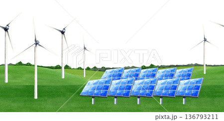 Solar PV panels station, wind turbines wind farm seamless border. Isolated watercolor banner with copy space. Renewable alternative electricity, future power sources. Eco friendly template 136793211