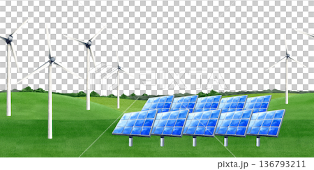 Solar PV panels station, wind turbines wind farm seamless border. Isolated watercolor banner with copy space. Renewable alternative electricity, future power sources. Eco friendly template 136793211