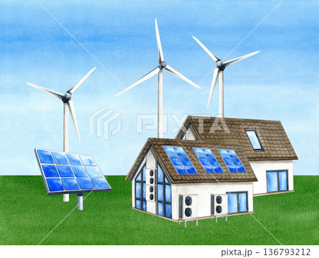 Country houses with solar panels, Inverter heat pump stands on green field with wind turbine, blue sky. Watercolor eco friendly banner. PV battery, windmill. Renewable alternative energy template 136793212
