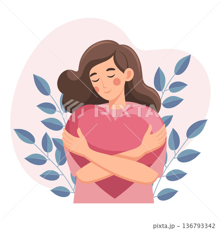 Woman hugs a large heart. Girl holds a pink heart, symbol of love and self care. Illustration. Woman hugs a large heart. Girl holds a pink heart, symbol of love and self care. Illustration. 136793342