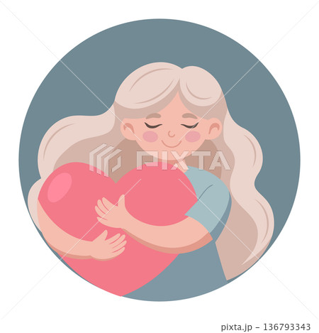 Woman holds a large red heart. Girl hugs a red heart, symbol of love and self care. Illustration 136793343