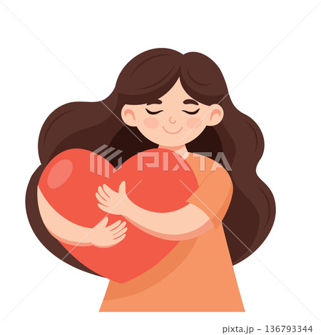 Woman holds a large red heart. Girl hugs a red heart, symbol of love and self care. Illustration. Woman holds a large red heart. Girl hugs a red heart, symbol of love and self care. Illustration. 136793344