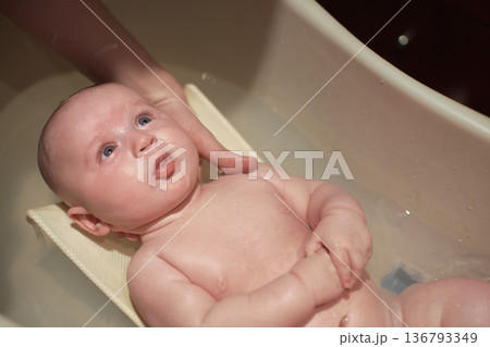 Infant baby boy washed in small bath tub, mother hand supporting his head, view from above Infant baby boy washed in small bath tub, mother hand supporting his head, view from above 136793349