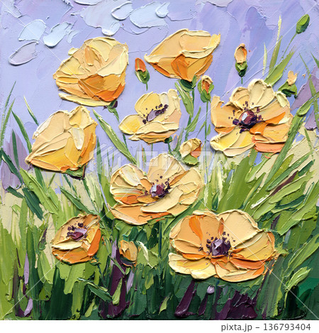 Yellow poppy impasto painting with palette knife wildflower meadow on lavender sky textured acrylic artwork Yellow poppy impasto painting with palette knife wildflower meadow on lavender sky textured acrylic artwork 136793404
