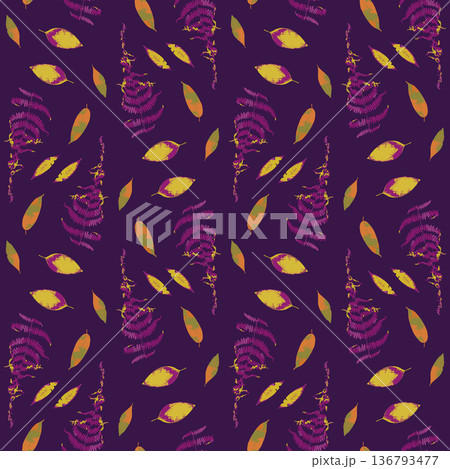 Seamless pattern with dried yellow fern leaves on deep purple background. Wild forest plant wallpaper. Boho botanical texture Seamless pattern with dried yellow fern leaves on deep purple background. Wild forest plant wallpaper. Boho botanical texture 136793477