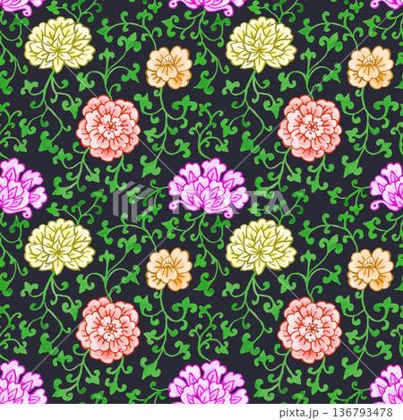 Watercolor style chinoiserie seamless pattern on black background Watercolor style chinoiserie seamless pattern on black background 136793478
