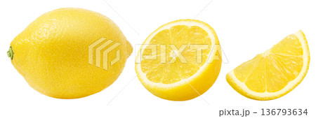 Lemons isolated collection. Half of lemon fruit, whole lemon and cut in slice isolated. Lemons isolated collection. Half of lemon fruit, whole lemon and cut in slice isolated. 136793634