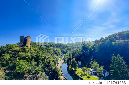 Esch-sur-Sure, Wiltz, Grand-Duche de Luxembourg, September 07, 2025, Secluded stone fortress beside 136793688