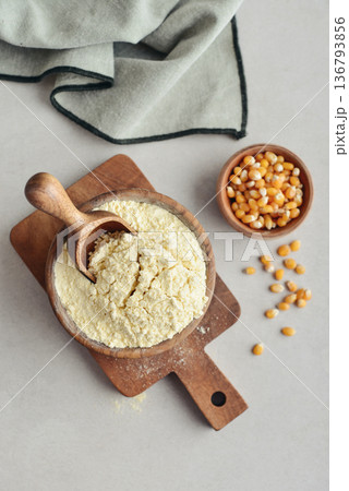 Corn flour in wooden bowl Corn flour in wooden bowl 136793856
