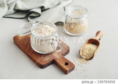 Amaranth flour in glass jar Amaranth flour in glass jar 136793858