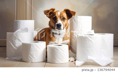 トイレットペーパーと並ぶ愛らしい小型犬 トイレットペーパーと並ぶ愛らしい小型犬 136794044