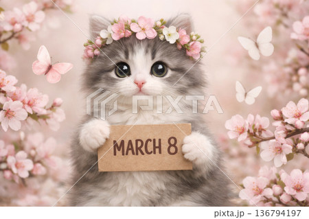 Cat in blossoms holding March 8 banner, festive spring background with butterflies. International Womens Day celebration. 136794197