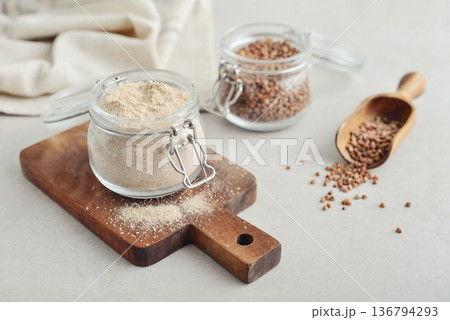 Buckwheat flour in glass jar Buckwheat flour in glass jar 136794293