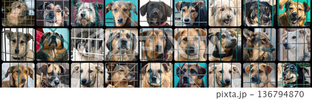 Collage of large group of homeless dogs in animal shelter. Composite portrait image of stray dogs Collage of large group of homeless dogs in animal shelter. Composite portrait image of stray dogs 136794870