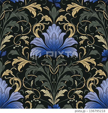 Art Nouveau Seamless Pattern With Vintage Iris Flowers And Antique Ornamental Leaves 136795218