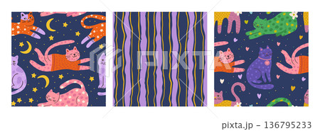 Whimsical Cat Pattern Set In Hand Drawn Doodle Vector Kids Background Wallpaper Textile Line Sketch Whimsical Cat Pattern Set In Hand Drawn Doodle Vector Kids Background Wallpaper Textile Line Sketch 136795233
