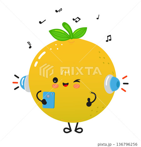 Cute grapefruit character listening to music with headphones Cute grapefruit character listening to music with headphones 136796256