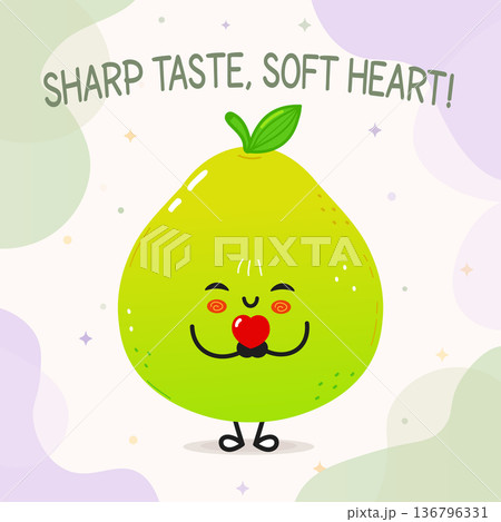 Cute cartoon pomelo character holding a red heart Cute cartoon pomelo character holding a red heart 136796331