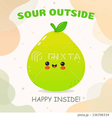 Cute cartoon pomelo expressing sour outside happy inside feeling Cute cartoon pomelo expressing sour outside happy inside feeling 136796334