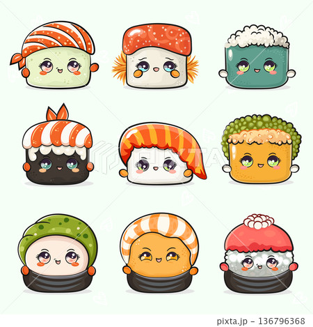 Collection of cute kawaii happy sushi characters 136796368
