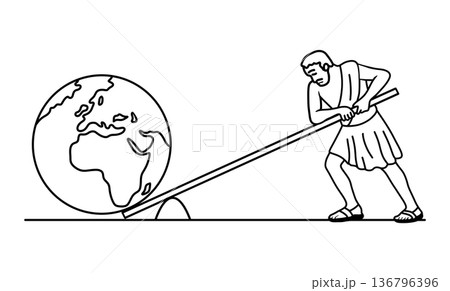 line art showing a person using a lever to move the Earth. Concept of effort, leverage, global impact, teamwork, sustainability, problem solving, strength, and achieving big goals with smart strategy 136796396