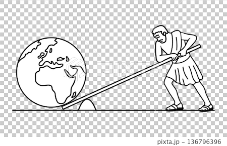 line art showing a person using a lever to move the Earth. Concept of effort, leverage, global impact, teamwork, sustainability, problem solving, strength, and achieving big goals with smart strategy 136796396
