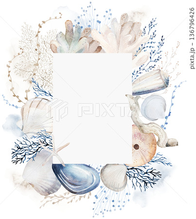 Wreath with beige, blue and grey watercolor seashells, isolated illustration for coastal beach wedding Wreath with beige, blue and grey watercolor seashells, isolated illustration for coastal beach wedding 136796426