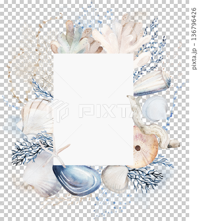 Wreath with beige, blue and grey watercolor seashells, isolated illustration for coastal beach wedding Wreath with beige, blue and grey watercolor seashells, isolated illustration for coastal beach wedding 136796426