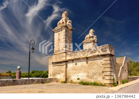 Stone Bridge Gate With Lion Sculptures In Provence France 136796442