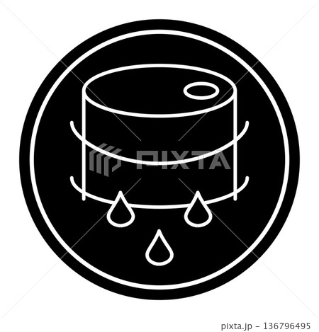 Oil barrel leaking icon in circle, fuel drum with drops symbol Oil barrel leaking icon in circle, fuel drum with drops symbol 136796495