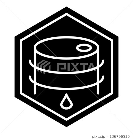 Oil barrel icon with oil drop inside hexagon, fuel storage and energy industry symbol 136796530
