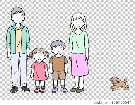 犬と一緒の幸せな家族　正面 136796544