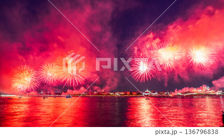 Firework over Kremlin in Kazan, Russia. Fireworks. Salute Firework over Kremlin in Kazan, Russia. Fireworks. Salute 136796838