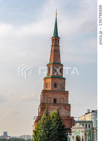 The ancient leaning red brick Syuyumbike Tower on the territory of the Kazan Kremlin. Russia 136796886