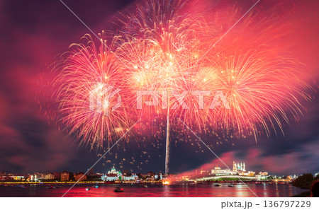 Firework over Kremlin in Kazan, Russia. Fireworks. Salute 136797229