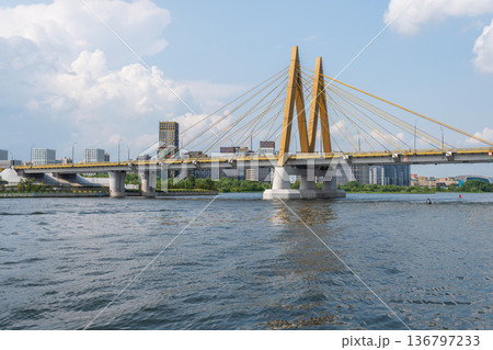 The Millennium Bridge over the Kazanka River on a summer day. The Millennium Bridge over the Kazanka River on a summer day. 136797233