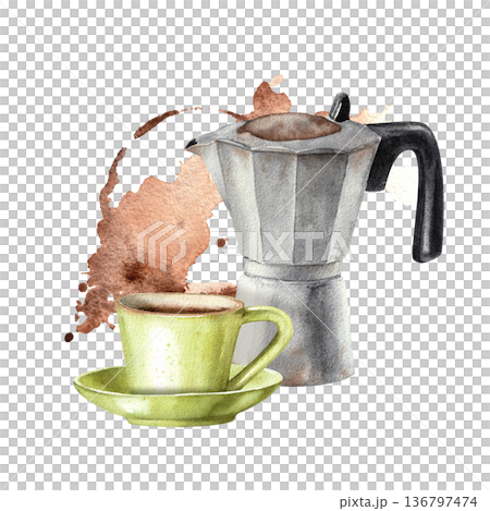 Hand drawn watercolor illustration of a mocha coffee pot with a green ceramic cup on a spot isolated on a white background for menu, coffee shop and kitchen design Hand drawn watercolor illustration of a mocha coffee pot with a green ceramic cup on a spot isolated on a white background for menu, coffee shop and kitchen design 136797474