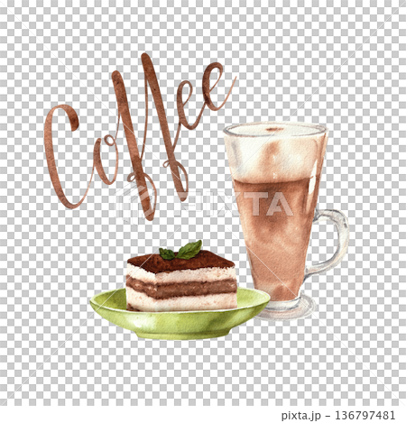 A hand-drawn watercolor illustration of a latte glass and tiramisu dessert on a green plate with lettering. Isolated on a white background, suitable for menu design, coffee shop, and kitchen decor. A hand-drawn watercolor illustration of a latte glass and tiramisu dessert on a green plate with lettering. Isolated on a white background, suitable for menu design, coffee shop, and kitchen decor. 136797481