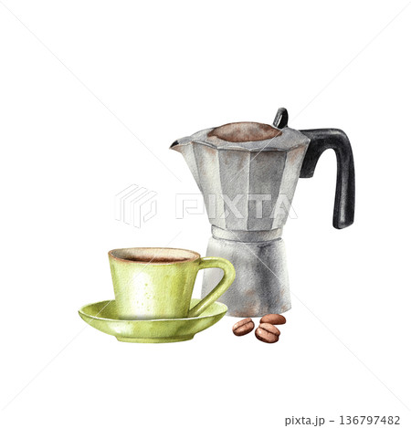 Hand drawn watercolor illustration of a mocha coffee pot with a green ceramic cup on a saucer and coffee beans isolated on a white background for menu, coffee shop and kitchen design. 136797482