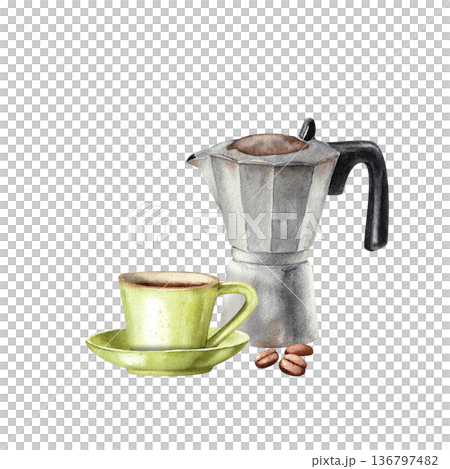 Hand drawn watercolor illustration of a mocha coffee pot with a green ceramic cup on a saucer and coffee beans isolated on a white background for menu, coffee shop and kitchen design. 136797482
