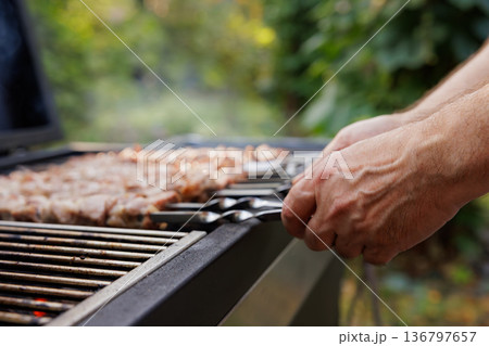 Cooking succulent skewers on a sunny afternoon in a peaceful backyard setting Cooking succulent skewers on a sunny afternoon in a peaceful backyard setting 136797657